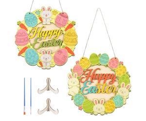 URROMA 2 PCS Wooden Easter Decoration,Unfinished Round Happy Easter Wood Plaque DIY Your Own Easter Ornaments for Crafting Outdoor Home Wall Decoration