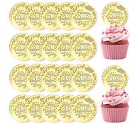URROMA 20Pcs Happy Valentine's Day Cupcake Toppers, Round Gold Mirror Acrylic Cards Heart Pattern Cake Discs for DIY Dessert Wedding Engagement Party Decor