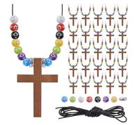 URROMA 25 Sets Wooden Cross Necklaces Craft Kit, DIY Wood Cross with Colorful Assorted Beads Easter Necklace Making Supplies for Church Sunday School Gifts