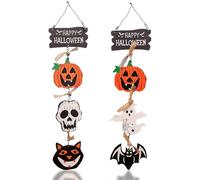 URROMA 2Pcs Halloween Hanging Signs Decorations, Wooden Happy Halloween Door Hanger Ghost Pumpkin Bat Wall Home Decor for Party Supplies