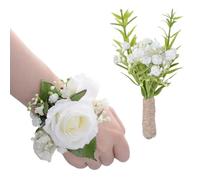 URROMA 2Pcs White Baby’s Breath Corsage Wrist Flower Artificial Hand Flower and Boutonniere Set for Homecoming Graduation Prom Bridal Wedding Party