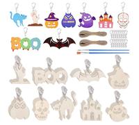 URROMA 36 Set Halloween Themed Wooden Key Chains, Unfinished Key ring In Ghost Pumpkin Palm Shapes, Blank Keychain with Paintbrush for DIY Gift Craft Decorations