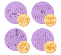 URROMA 4 PCS Halloween Fondant Molds,Purple Acrylic Mixed Cookie Molds 3D Fondant Embosser Pumpkin Chocolate Molds for Sugar Craft Cake Decoration