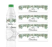 URROMA 50Pcs Merry Christmas Water Bottle Labels Green Leaf Water Bottle Stickers Drinks Waterproof Wrappers for Christmas Party Favors Decor