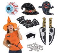 URROMA 6Pcs Halloween Beaded Patches for Clothes, Evil Eye Ghost Bat Wizard Hat Rhinestone Beaded Applique Patch Sew on Jackets Jeans Bags DIY Decor Broochs