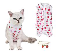 URROMA Cat Recovery Suit, Strawberry Cotton, Breathable, Elastic Neck & Limbs, Magic Stickers, M, Pink, 3kg+, Spring/Summer, Adult, Casual, Protective Shirt for Cats After Surgery