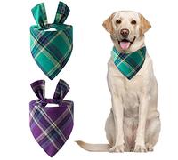 URROMA Classic Green Purple Plaid Dog Bandanas, 2 Pcs Printing Unique Shape Adjustable Fit Kerchief Scarf for Small to Large Dog Puppy Cat