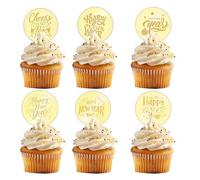 URROMA Cupcake Toppers, 30 Pcs Acrylic Round Happy New Year Cake Discs Mirror Acrylic Cake Picks Engraved Personalized Acrylic Cake Decor Party Supplies