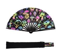 URROMA Foldable UV Glow Big Mushroom Hand Fan, Large Rave Fan Folding Hand Fan Bamboo Festival Clack Fan Performance Dance Party Accessories For Men Women