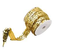 URROMA Gold Glitter 3-Rows Crafts Sequin, 10 Yards Flat Glitter Stretch Bling Paillettes Fabric Ribbon Metallic Applique Trim Lace for Dress Headband