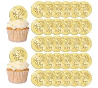 URROMA Golden Round Mother's Day Acrylic Cake Topper, 30 Pcs Happy Mother's Day Cupcake Topper Small Heart Cake Decoration for Party Bakery DIY Craft