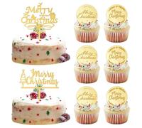 URROMA Merry Christmas Cupcake Toppers, 2Pcs Large & 24Pcs Small Gold Acrylic Cake Picks Christmas Cake Toppers for Party DIY Decor Supplies (Mixed Styles)