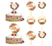 URROMA Merry Christmas Cupcake Toppers, 6 Pcs Color Printed Flowers Acrylic Cake Toppers Christmas Hat Present Cake Picks for Party DIY Decor Supplies