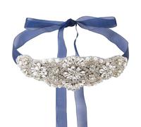 URROMA Navy-blue Wedding Bridal Organza Belts, Wide Crystal Rhinestone Beaded Handcrafted Sparkle Sewn for Women Accessories Dress Matching, 2.8 meters