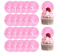 URROMA Pink Ribbon Cupcake Toppers, 20Pcs Breast Cancer Free Round Cake Signs Love Breast Day Cake Discs Pink Cake Decor for Cancer Themed Party