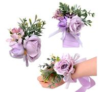 URROMA Purple 3 Pcs Rose Corsage Badge Wrist Flower Set Artificial Wristband Flower Boutonniere for Bridal Wedding Party or Graduation Prom