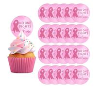 URROMA Rose Gold Breast Cancer Awareness Cake Topper, 20Pcs Round Acrylic Ribbon Themed Cupcake Topper No One Fight Alone Cake Decor for Breast Cancer Promotion