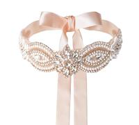 URROMA Rose Gold Pearl Rhinestone Wedding Dress Belt Crystal Bridesmaid Sash Belt Sparkle Pink Ribbon for Party Wedding Prom, 2.7m