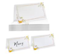 URROMA Seat Folding Card, 100Pcs Yellow Flower Gold Frame Seating Place Cards Blank Table Tent Cards for Dinner Parties Banquets Wedding Table Decor