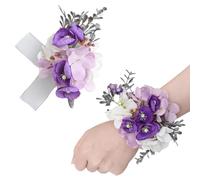URROMA Set of 2 Homecoming Party Prom Boutonniere Set and Artificial Wrist Corsage,Wedding Simulation Flowers Accessories Suit- Purple and White