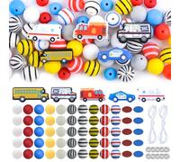 URROMA Silicone Beads Set, 76Pcs Car Themed Silicone Bead Set with String Spacer Bead for Necklace Jewelry Making Craft Party Supplies