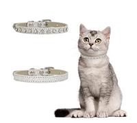 URROMA Silver Leather Rhinestone Cat Collar, 2 Pcs Pet Bling Rhinestone Collar Adjustable Bling Classy Pet Collars for Small Dogs and Cats, S