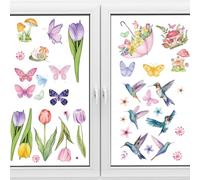 URROMA Spring Window Stickers, 84pcs Flower Butterfly Designs Window Decals Floral Birds Window Clings Decals with Scraper for Home Party Decorations