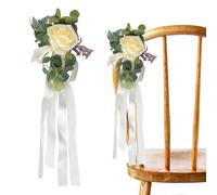 URROMA Wedding Aisle Chair Decor, 4Pcs Light Yellow Flowers for Church Chair Decor Artificial Rose Wedding Chair Back Flower with Leaves and Ribbons
