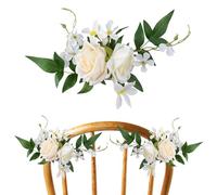 URROMA Wedding Aisle Chair Decor, 4Pcs Off White Flowers for Church Chair Decor Artificial Rose Wedding Chair Back Flower with Leaves and Ribbons