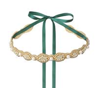 URROMA Wedding Bridal Belts, Golden Pearl Rhinestone Wedding Dress Belt Crystal Bridal Sash Belt Sparkle Blackish Green Ribbon for Bridesmaid Bride Party Wedding Prom Engagement, 2.8 meters
