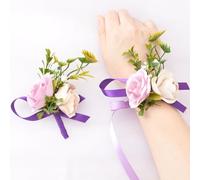 URROMA Wrist Corsage and Boutonniere Set, 1 Set Small Rose White Purple Hand Flower for Wedding Party Prom for Artificial Wedding Wrist Corsage