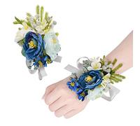URROMA| Wrist Corsage Flower,| 2 PCS| Artificial Wedding Wrist Corsage and Boutonniere Set| Bride Hand Flower Men Boutonniere for Wedding Bridesmaid Party Prom Decorations,| Blue