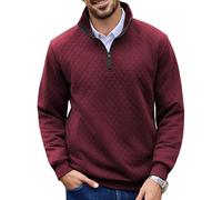 URRU Men’s Quarter Zip Pullover Quilted Sweater Long Sleeve Mock Neck Polo with Pocket, Wine Red, Large