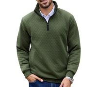 URRU Men’s Quarter Zip Pullover Quilted Sweatshirt Long Sleeve Mock Neck Sweater Polo with Pocket, Army Green, Large