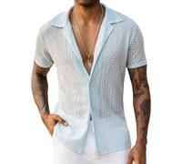 URRU Mens Floral Lace Shirt Short Sleeve Hollow Out Sheer See Through Casual Button Down Shirts, Sky Blue, XL