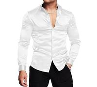 URRU Men's Luxury Shiny Silk Like Satin Dress Shirt Long Sleeve Casual Slim Fit Muscle Button Up Shirts White L