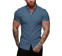 URRU Men's Muscle Dress Shirts Slim Fit Stretch Short Sleeve Casual Button Down Shirts for Men Bright Cobalt M