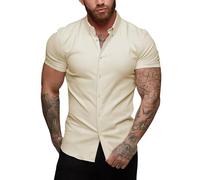 URRU Men's Muscle Dress Shirts Slim Fit Stretch Short Sleeve Casual Button Down Shirts for Men Khaki S