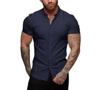 URRU Men's Muscle Dress Shirts Slim Fit Stretch Short Sleeve Casual Button Down Shirts for Men Navy Blue S