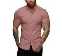 URRU Men's Muscle Dress Shirts Slim Fit Stretch Short Sleeve Casual Button Down Shirts for Men, Ruddy Pink, S