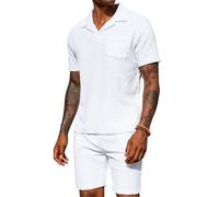 URRU Men's Polo Shirt and Shorts Set Summer Outfits Beach Terry Casual Short Sleeve 2 Piece Short Set for Men, White, X-Large