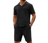 URRU Men's Polo Shirt and Shorts Set Summer Outfits Beach Terry Casual Short Sleeve 2 Piece Short Set for Men, Black, X-Large