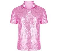 URRU Men's Relaxed Short Sleeve Turndown Sparkle Sequins Polo Shirts 70s Disco Nightclub Party T-Shirts Tops S-XXL, Pink, S