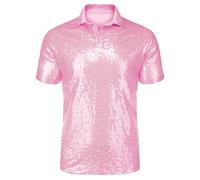 URRU Men's Relaxed Short Sleeve Turndown Sparkle Sequins Polo Shirts 70s Disco Nightclub Party T-Shirts Tops S-XXL, Pink-sj, 3XL