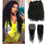 Urshiney Deep Wave Human Hair Bundles With Closure Double Weft Deep Curly Weave Bundles Human Hair for Women Natural Black Can Be Dyed Free Part 4x4 Swiss Lace Closure 14 16 18+12 Inch