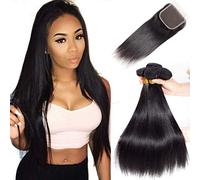 Urshiney Straight Human Hair Bundles With Closure Brazilian Virgin Hair Double Weft Straight Weave Bundles and Free Part 4x4 Lace Closure Natural Black Color Can Be Dyed 22 24 26+20 Inch