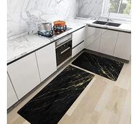 URSOPET 2 Pieces Kitchen Rugs,Black and Gold Marble Design Artwork Oil,Non Slip Machine Washable Runner Carpet for Laundry Office Home Indoor Outdoor