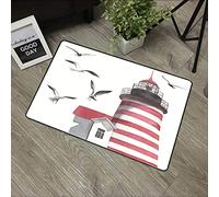 URSOPET Non-Slip Mat Microfiber Bathroom Rug Shower Mat, Lighthouse and Seagulls on The Beach Navigational Aid Seaside Waterways Art,Ultra Soft and Water Absorbent Bath Rug, 16x 24 in