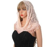 Ursumy Lace Mantilla Veil Triangle Lace Catholic Church Veil Infinity Chapel Tulle Scarf Head Covering Latin Mass, Pink, One Size