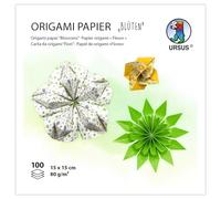 Ursus 2298 55 03 Origami Paper Flowers, Yellow/Green, 100 Sheets, 80 g/m², 15 x 15 cm, 7 Assorted Designs, Printed on Both Sides, with Folding Instructions (English Language not Guaranteed), Folding